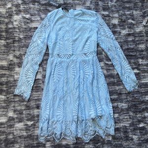 NWT! SHEIN Medium Baby Blue Sheer Insert Scallop Trim Long Sleeve Lace Dress
